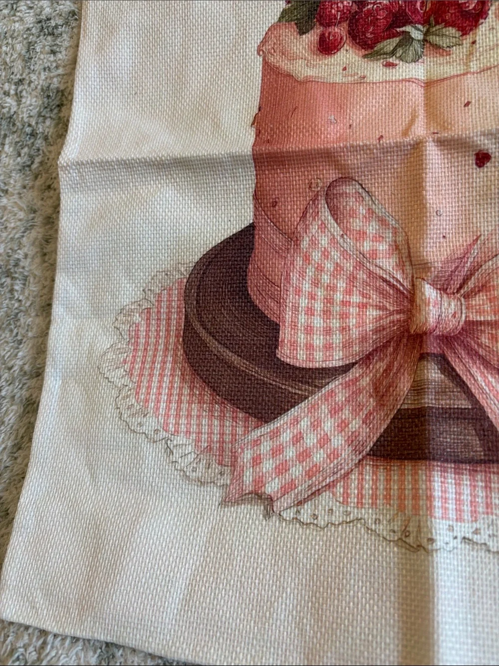 Pink Raspberry Cake Poly Canvas Tote Bag with Black Straps NWT 13.50x15.75”